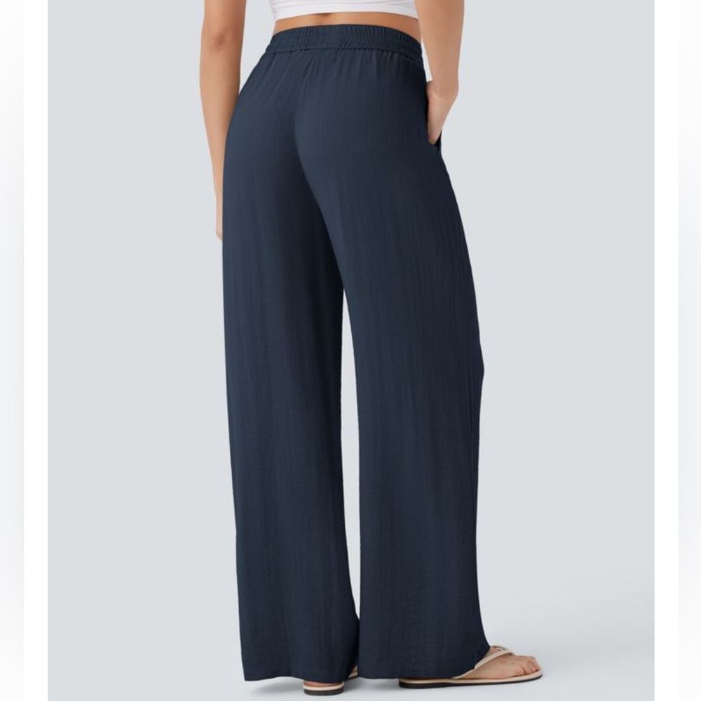 Halara High Waisted Drawstring Pocket Wide Leg Casual Linen-Feel Pants - Picture 2 of 5